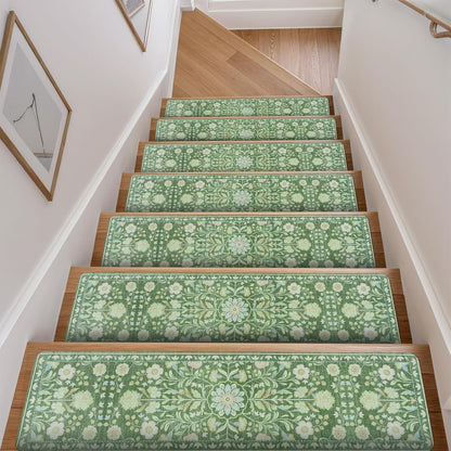 OJIA Floral Stair Treads Non-Slip Stair Runner for Wooden Steps Indoor 15PCS 30"x8" Carpet Stair Treads Stair Mats Staircase Step Treads for Kids, Elders and Dogs, Stair Covers, Black