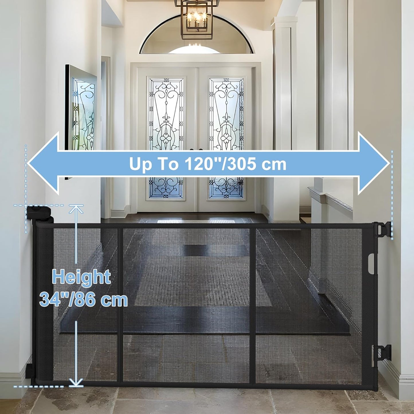 55 inches Retractable Baby Gate, 34 inches Tall Extra Wide Pet Gate for Stairs, Hallways and Doorways, Indoor Outdoor Safety Gate for Toddlers & Small Dogs, Black
