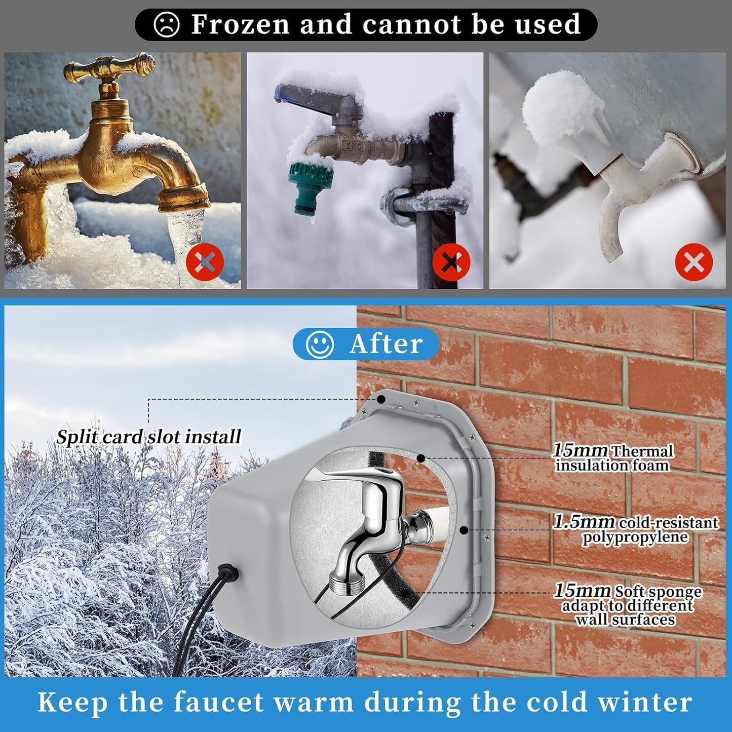2 Pcs 2 in 1 Extra Long Pet Proof Outdoor Faucet Covers Winter w/Lock 8.5x7x5.5 in Thick Foam Plastic Spigot Cover Reflective Strips Faucet Cover for Outside Water Faucet Freeze Protection (Gray)