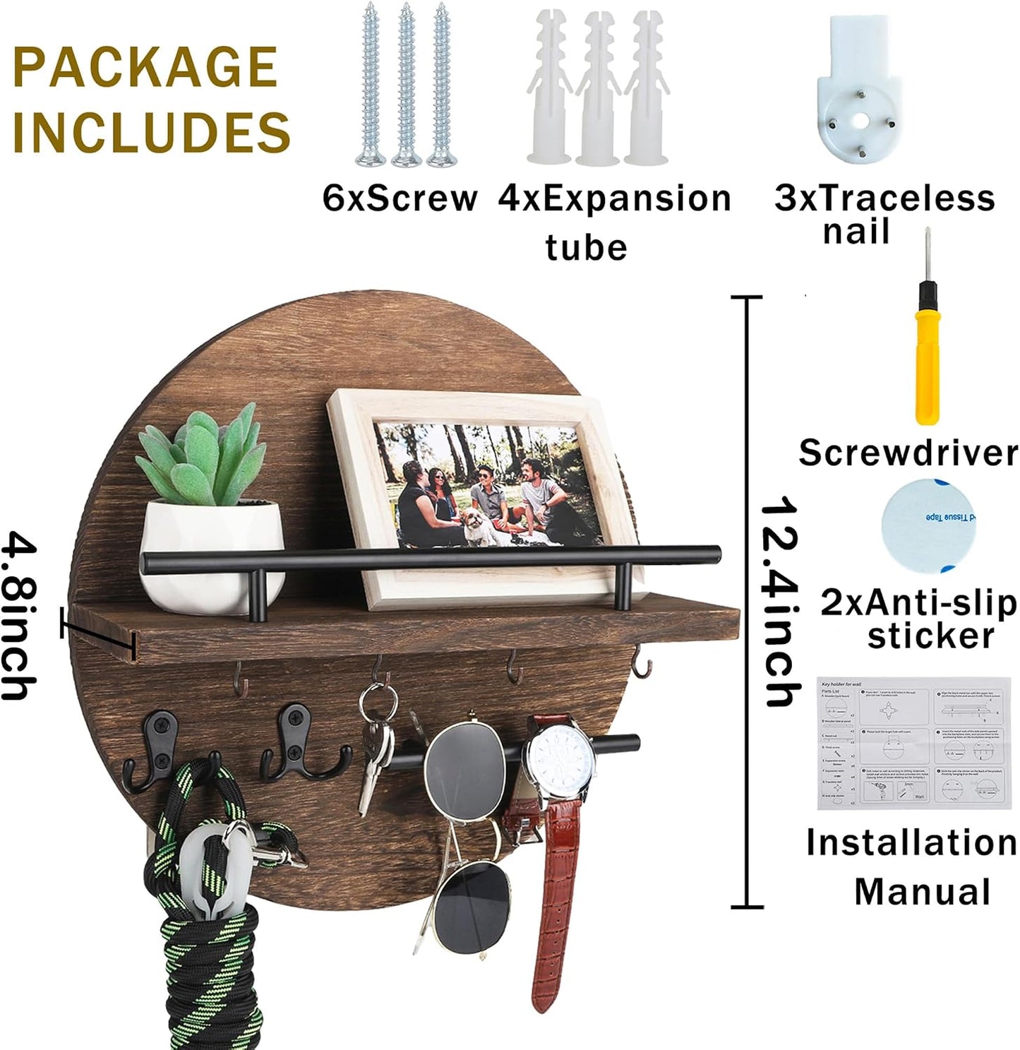 dreampossible Key Holder for Wall Decorative with Shelf and Hooks, Mail Organizer Wall Mount, Circular Design Entryway Key Rack Hanger, Rustic Home Decor (Black)