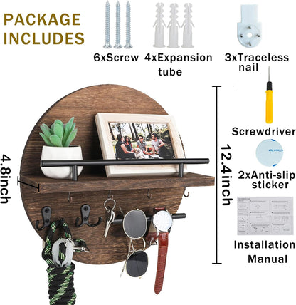 dreampossible Key Holder for Wall Decorative with Shelf and Hooks, Mail Organizer Wall Mount, Circular Design Entryway Key Rack Hanger, Rustic Home Decor (Black)