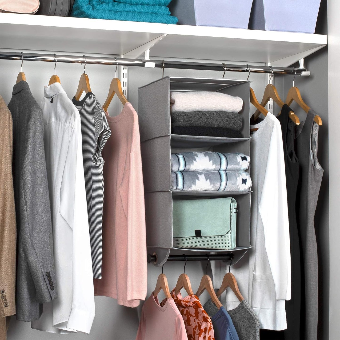 HOLDN’ STORAGE Hanging Closet Organizer with Garment Rod – Heavy Duty 4-Shelf Hanging Shelves for Clothes, Sweaters & Shoes, Reinforced 600D Fabric Storage Unit with Built-in Clothing Rod, Grey