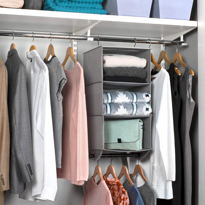 HOLDN’ STORAGE Hanging Closet Organizer with Garment Rod – Heavy Duty 4-Shelf Hanging Shelves for Clothes, Sweaters & Shoes, Reinforced 600D Fabric Storage Unit with Built-in Clothing Rod, Grey