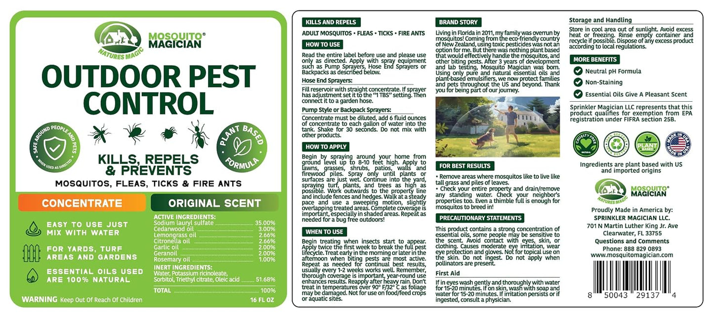 Mosquito Magician Liquid Concentrate – Kills Mosquitoes, Fleas & Fire Ants, Repels and Prevents Ticks – Essential Oil Yard Treatment Spray – Use with Sprayers, Foggers & Misting Systems – 32 oz, Mint