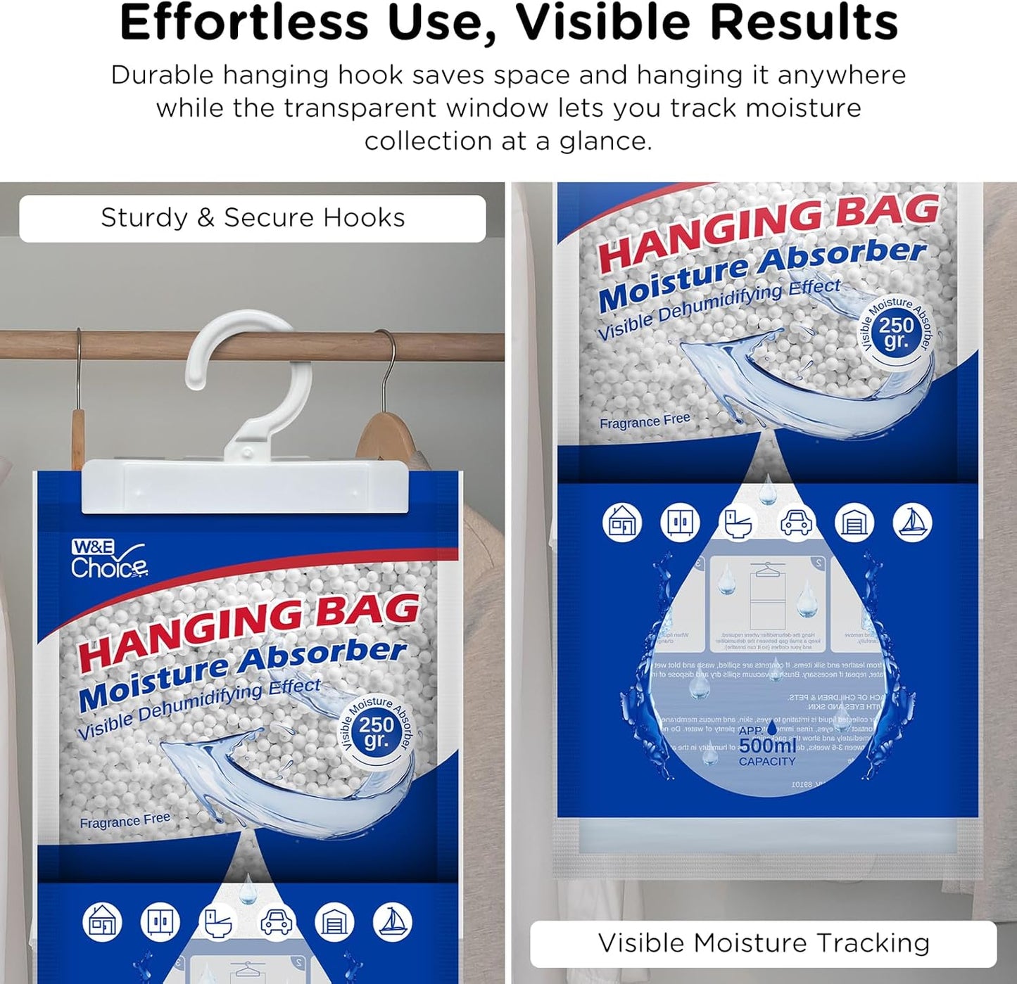 W&E Choice Hanging Moisture Absorbers Hanging Bag for Your Closet, Dehumidifier Bags for Bathroom, Unscented Humidity Pack for Car and RV, 10 Pack