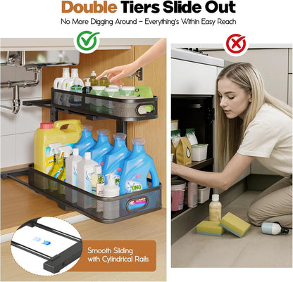 2 Pack Under Sink Organizer With Smooth Cylindrical Rail,2-Tier Pull Out Multi-Purpose Cabinet Storage for Bathroom&Kitchen,Height Adjustable,Rust-resistant Coating-White