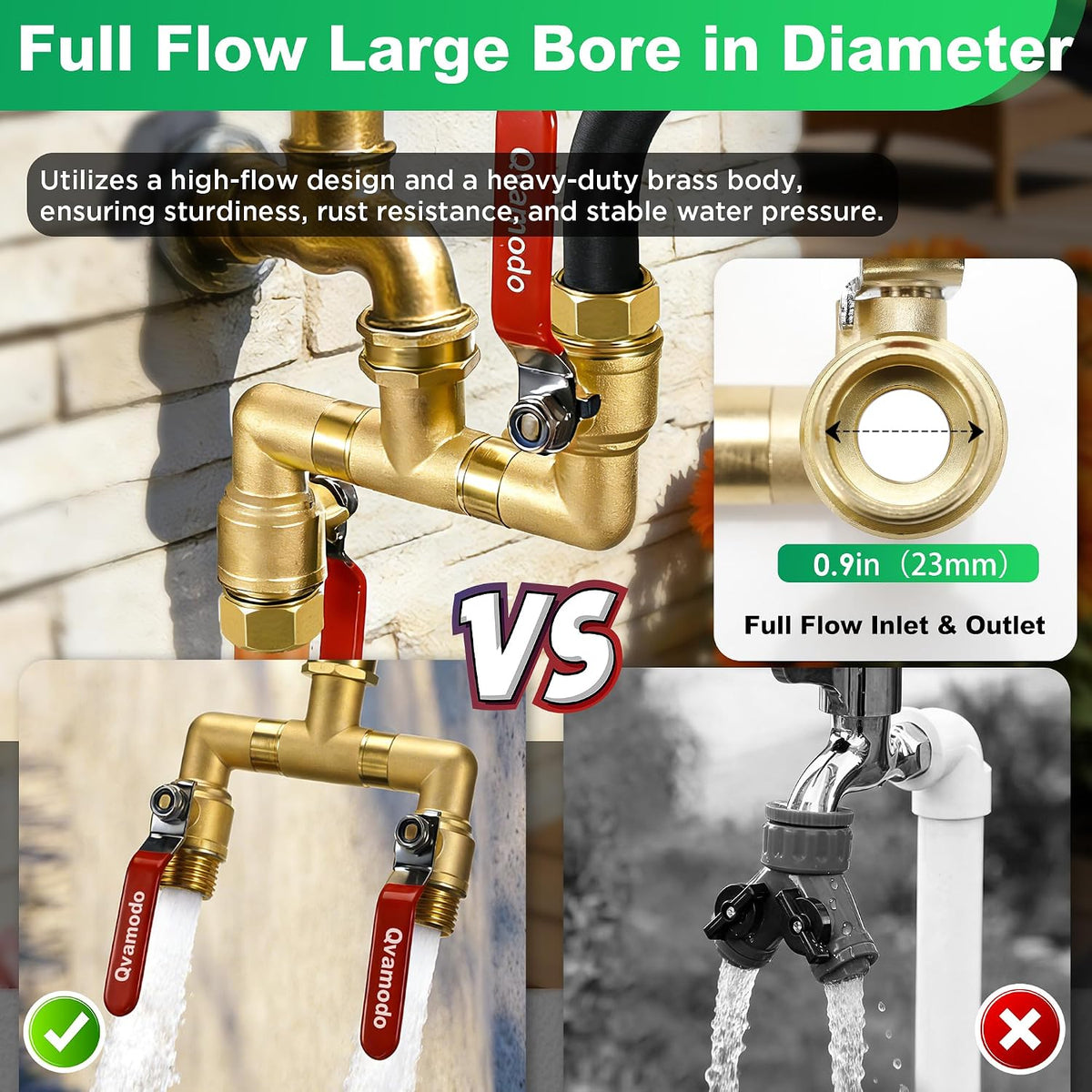 Garden Hose Splitter 3/4" GHT Full Flow 2 Way Brass Hose Splitter Heavy Duty All Metal Hose Y Splitter with Shutoff Outdoor Faucet Water Hose Splitter Y Valve Tap Adapter for Outdoor Garden