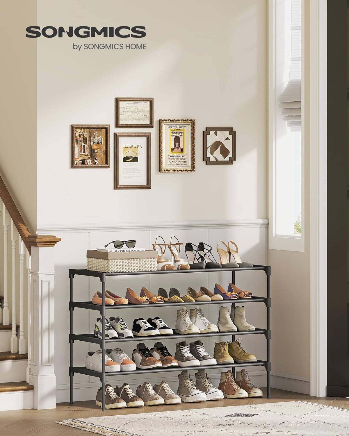 SONGMICS Shoe Rack, 2-Tier Shoe Storage Organizer, Space-Saving, 11.7 x 16.5 x 12.2 Inches, Entryway, Metal Frame, Non-Woven Fabric Shelves, Ink Black ULSH012BH01
