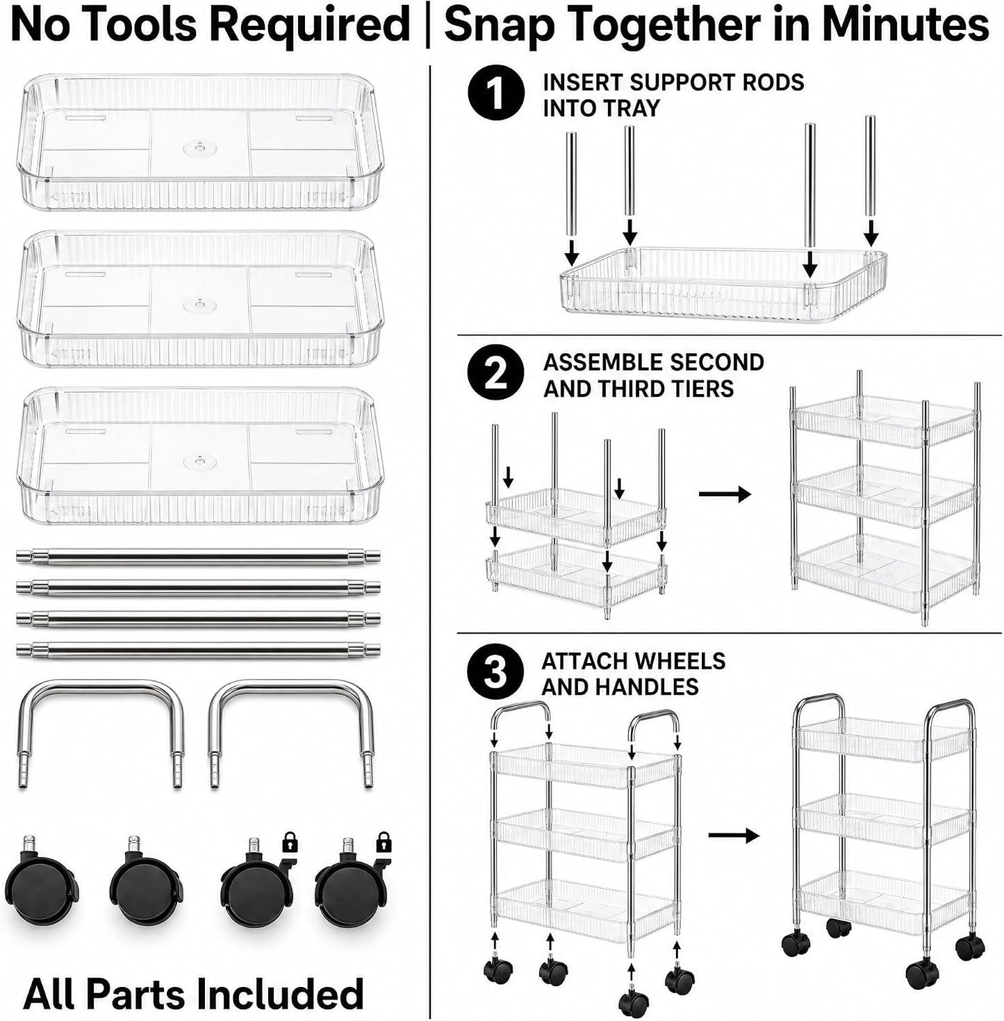 3 Tier Rolling Cart with Lockable Wheels, Clear Acrylic Slim Utility Cart, 13" x 8.3" x 26" Narrow Storage Organizer for Bathroom, Kitchen, Office - Lightweight & Tool-Free Assembly (Clear)