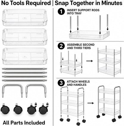 3 Tier Rolling Cart with Lockable Wheels, Clear Acrylic Slim Utility Cart, 13" x 8.3" x 26" Narrow Storage Organizer for Bathroom, Kitchen, Office - Lightweight & Tool-Free Assembly (Clear)