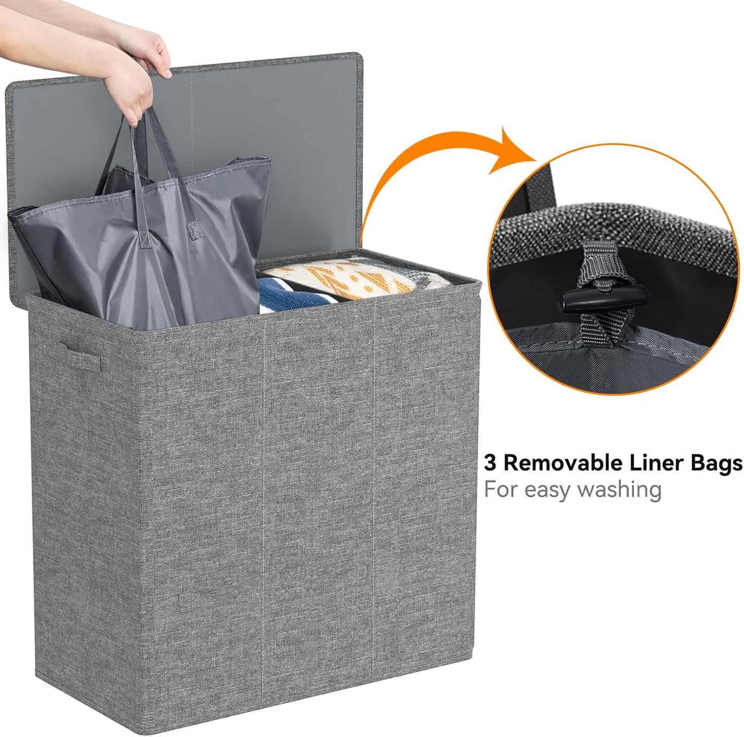 WOWLIVE 180L Laundry Hamper with Lid 3 Section,Large Laundry Basket with Removable Bags and Handles,Collapsible Dirty Clothes Hampers for Laundry,Laundry Basket Organizer for Laundry Room,Dorm,Beige