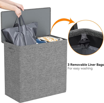 WOWLIVE 180L Laundry Hamper with Lid 3 Section,Large Laundry Basket with Removable Bags and Handles,Collapsible Dirty Clothes Hampers for Laundry,Laundry Basket Organizer for Laundry Room,Dorm,Beige