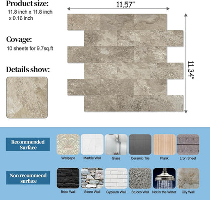 2026 New Upgrade Peel and Stick Backsplash Tile, Peel and Stick 11.34" X 11.57" Wall Tile for Kitchen, Bathroom, Fireplace, Laundry (Beige Ecru, 10 Packs)