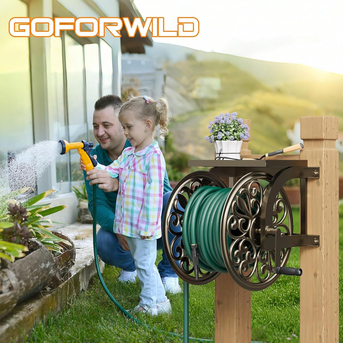 GOFORWILD Garden Wall Mount Hose Reel, Decorative Hose Reel, Garden Heavy-Duty Water Hose Holder Winder, Holds 200-Feet of 5/8-Inch Hose