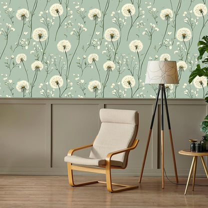 Dandelion Floral Peel and Stick Wallpaper Green Self Adhesive Removable Vinyl Wallpaper Botanical Floral Watercolor Boho Accent Wall for Bedroom Living Room Nursery 17.7" X 118"