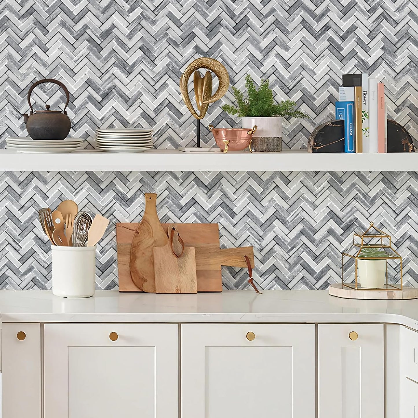 STICKGOO 10 Sheets Herringbone Peel and Stick Backsplash, Stick on Aluminum Composite PVC Kitchen Backsplash, Marble White Mixed Light Grey Look Self Adhesive Wall Tiles