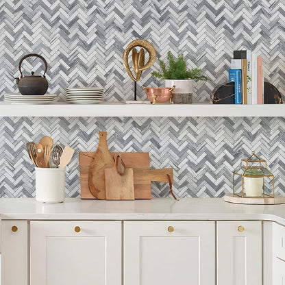 STICKGOO 10 Sheets Herringbone Peel and Stick Backsplash, Stick on Aluminum Composite PVC Kitchen Backsplash, Marble White Mixed Light Grey Look Self Adhesive Wall Tiles