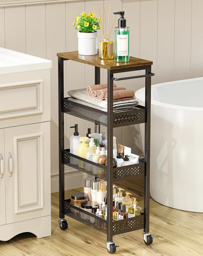 OKZEST Utility Slim Storage Cart, 4 Tier Small Rolling Kitchen Laundry Room Cart with Wood Top, Metal Narrow Bathroom Storage Cabinet Mobile Shelf Unit Organizer Trolley with Handle for Narrow Space
