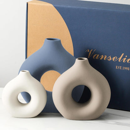Vanselia Ceramic Vase Home Table Decor - Flower Vases Set of 3 Small Living Room Centerpiece Decorations for Shelf Bedroom Office Kitchen Dining Desk Modern Aesthetic Farmhouse Decorative (Classic)