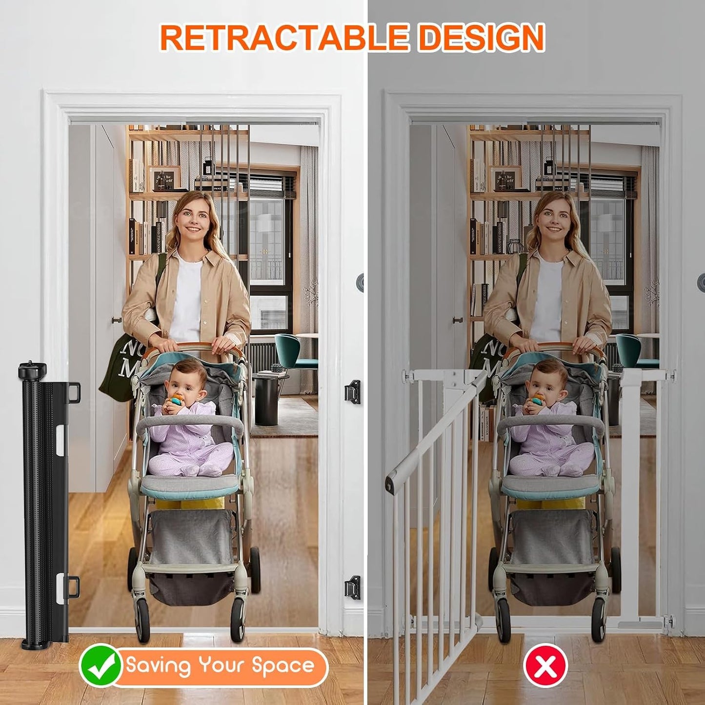 71 inch Retractable Baby Gates, EZIGO Extra Wide Baby Gate for Large Opening Extra Long Mesh Gate for Kids or Pet Dog Gate Child Safety Gate for Stairs Hallways Doorway Indoor Outdoor, Gray