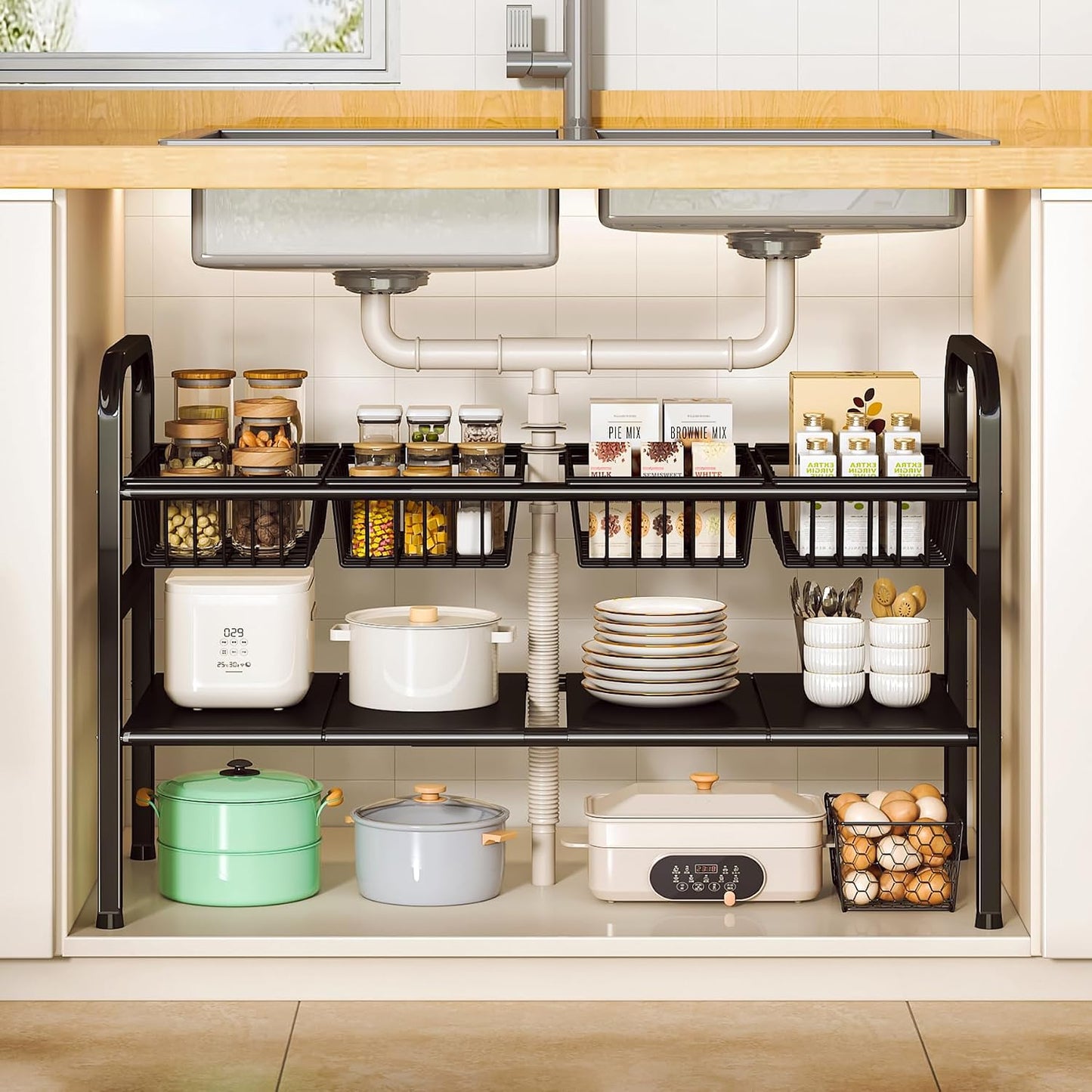 2 Tier Under Sink Organizer Expandable Length/Height Adjustable Heavy | Length/height adjustable fits any cabinet, 4 removable shelves/baskets, anti-wobble feet, for kitchen/bathroom/laundry