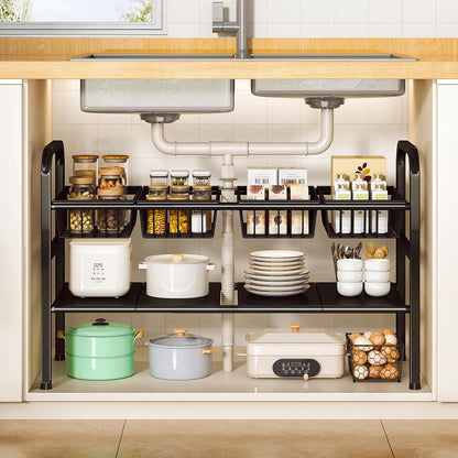 2 Tier Under Sink Organizer Expandable Length/Height Adjustable Heavy | Length/height adjustable fits any cabinet, 4 removable shelves/baskets, anti-wobble feet, for kitchen/bathroom/laundry