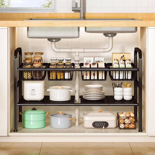 2 Tier Under Sink Organizer Expandable Length/Height Adjustable Heavy | Length/height adjustable fits any cabinet, 4 removable shelves/baskets, anti-wobble feet, for kitchen/bathroom/laundry