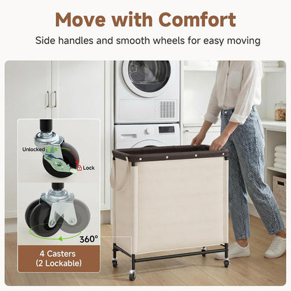 StorageWorks 3 Section Laundry Hamper, Rolling Laundry Cart with Wheels and Handles, Laundry Room Double Sorter for Organizer and Storage, 31.7 Gal(120L), Beige