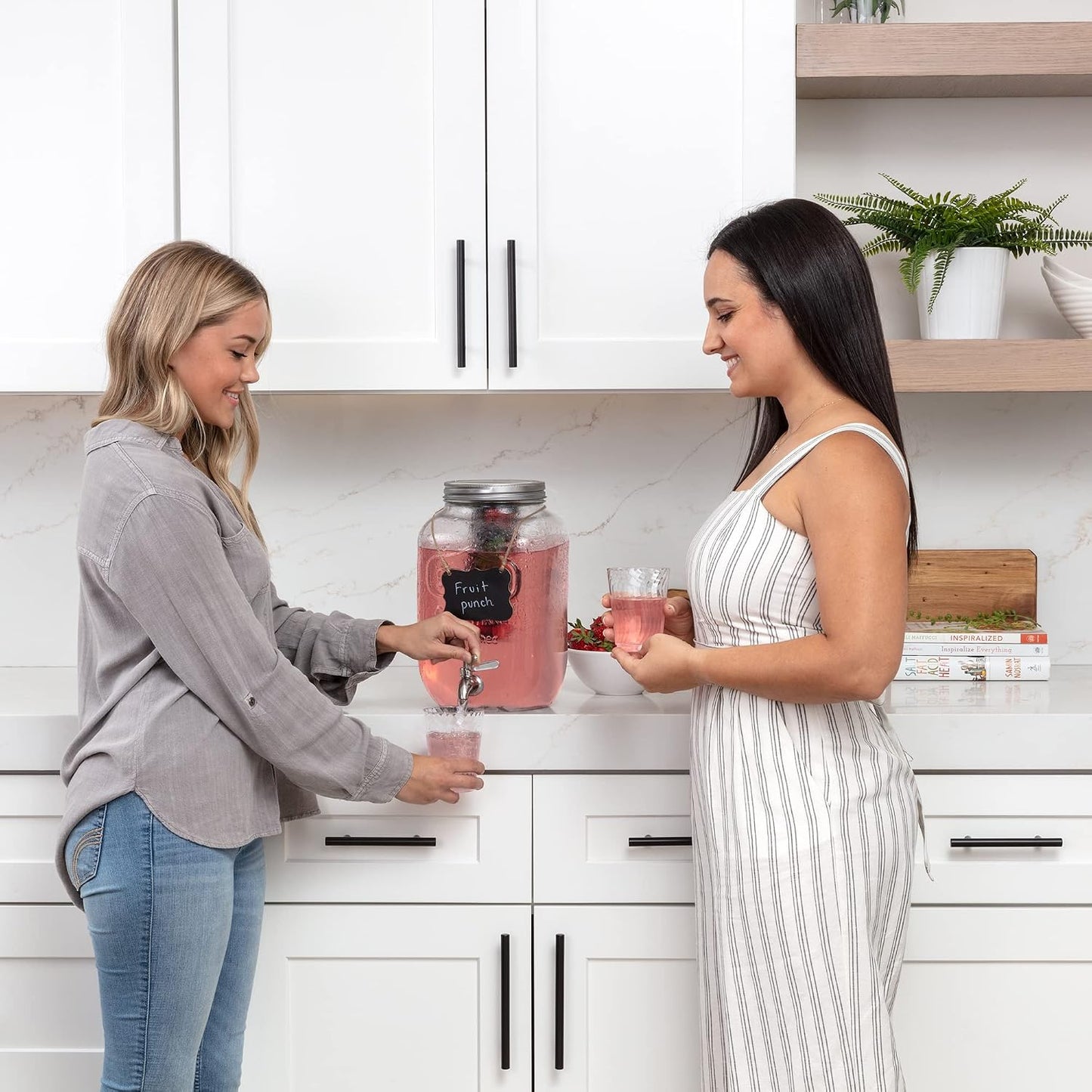 2-Gallon Glass Liquor Decanter Drink Dispenser for Parties - 100% Leakproof Stainless Steel Spigot + Marker & Label and Fruit Infuser, Water Beverage Dispenser Liquid Laundry Detergent Dispenser