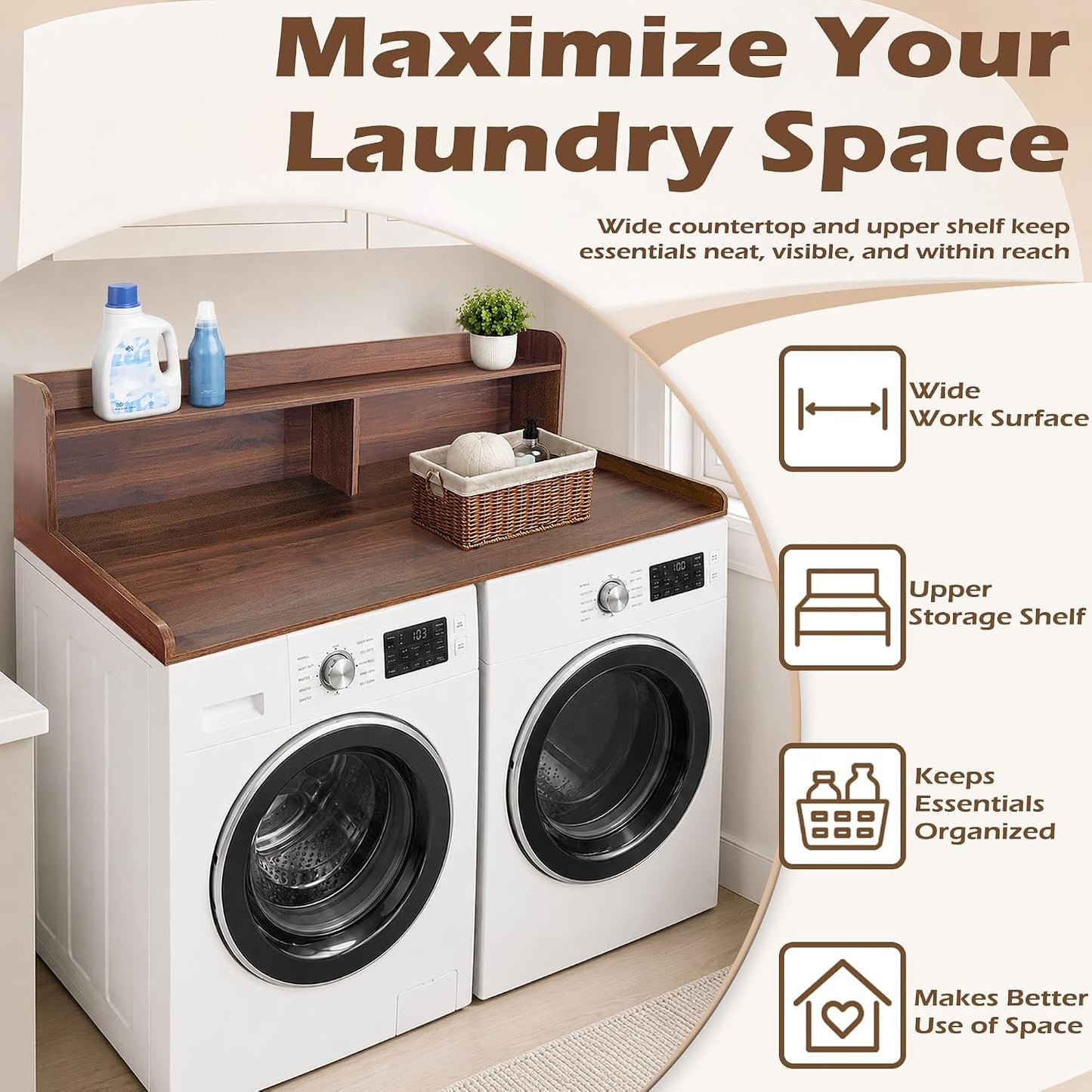 Royxen Laundry Countertop with 2-Tier Shelf Universal Fit, Washer and Dryer Countertop with Storage Space, Shelf Height 11.5 Inches, Solid Wood Core, Oak