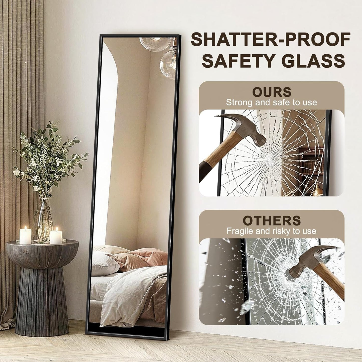 FICTOR Full Length Mirror with Stand, Floor Standing Mirror Full Body, HD Shatterproof Black Frame Wall Mirror for Bedroom, Living Room, Dressing Room & Entryway, 56"x15"