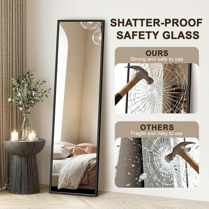 FICTOR Full Length Mirror with Stand, Floor Standing Mirror Full Body, HD Shatterproof Black Frame Wall Mirror for Bedroom, Living Room, Dressing Room & Entryway, 56"x15"