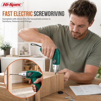 Hi-Spec 4V Electric Screwdriver Tool Kit Set. Cordless USB Rechargeable Screwdriver with Home Repair Tools. 42pc Compact Portable Case, DIY Kit for Beginners and the Household - Green