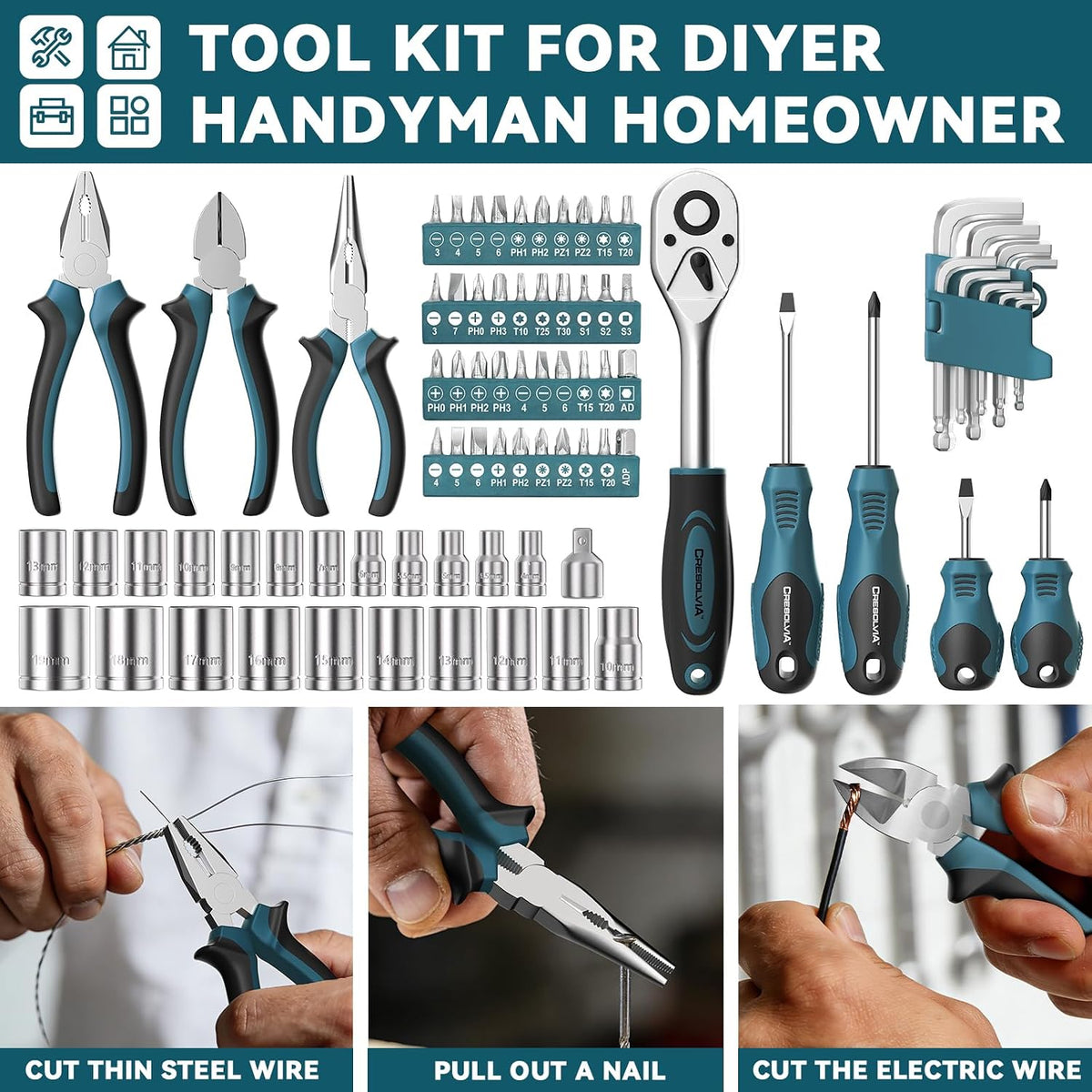 199 Piece Tool Kit for Home,General Household/Auto Repair Tool Set,Basic Hand Tool Kit with Socket Wrench,Tool Box Case for Men,Perfect for Diyer Handyman Homeowner