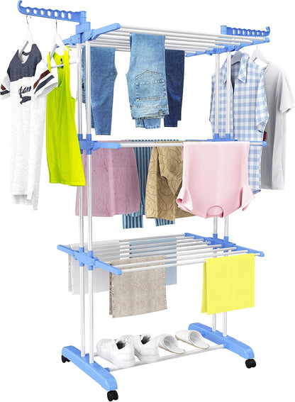 HOMIDEC Clothes Drying Rack, Oversized 4-Tier(67.7" High) Foldable Stainless Steel Drying Rack Clothing, Movable Drying Rack with 4 castors, 24 Drying Poles and 14 Hooks for Bed Linen, Clothing, Grey
