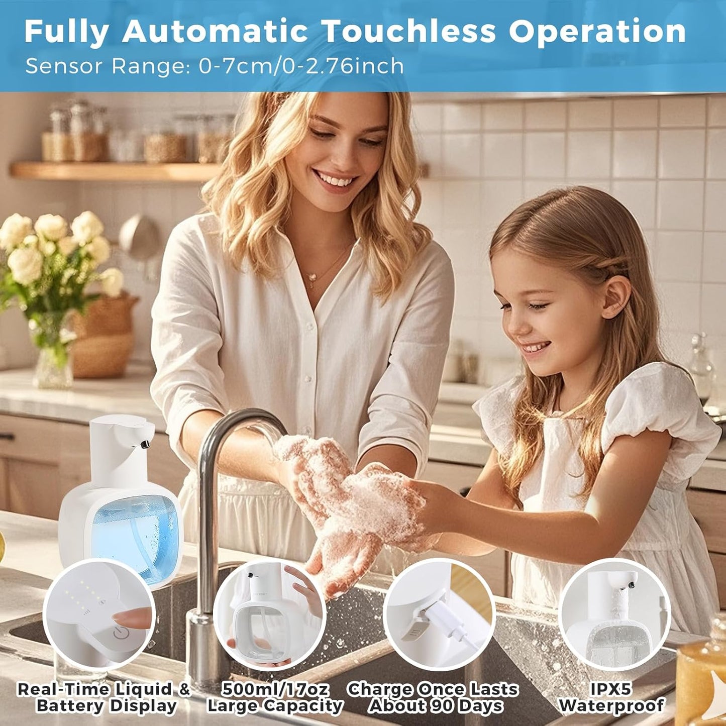 Automatic Liquid Soap Dispenser, 17oz/500ml Touchless Rechargeable with 4-Level Adjustable & IPX5 Waterproof - Level Display for Wall/Tabletop Use in Bathroom, Kitchen, Black