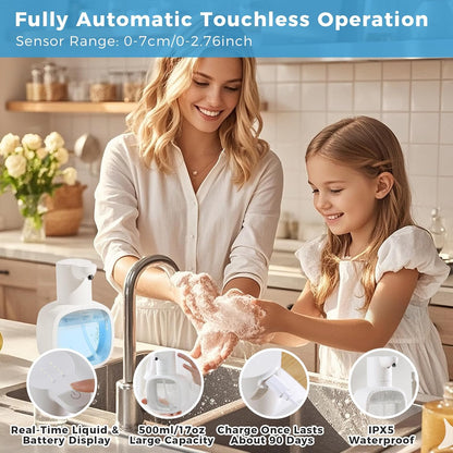 Automatic Liquid Soap Dispenser, 17oz/500ml Touchless Rechargeable with 4-Level Adjustable & IPX5 Waterproof - Level Display for Wall/Tabletop Use in Bathroom, Kitchen, Black