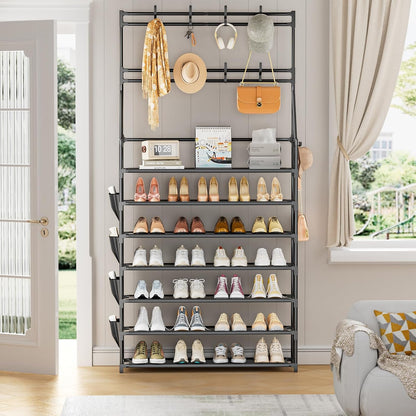 OYREL Shoe Rack, 5 Tier Shoes Storage Organizer, with Functional Hooks and Side Pocket, 20-25 Pairs, for Closet/Entrance/Entryway, Sneaker and Boot Stackable Free Standing Shoe Rack