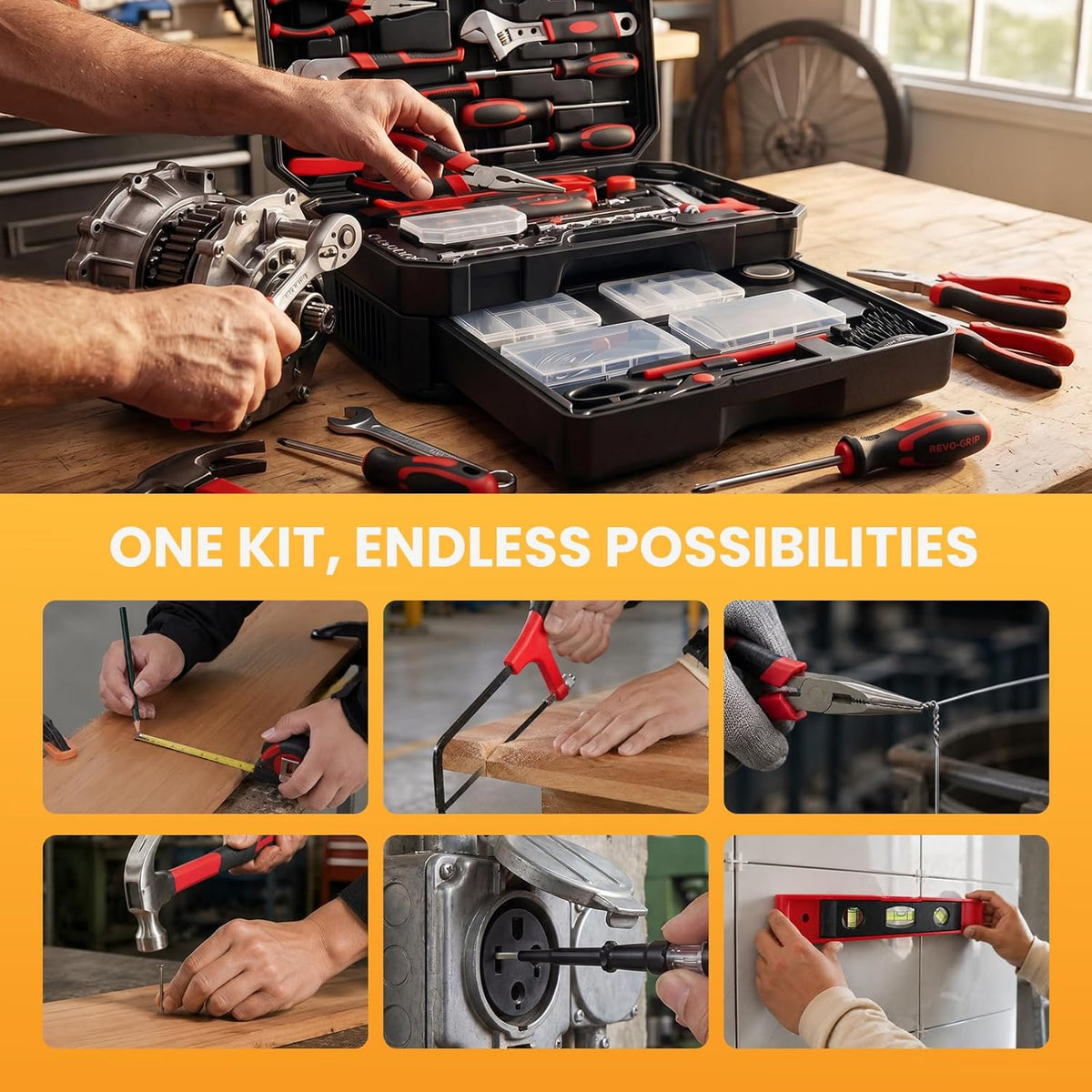 NEWBULIG 330-Piece Complete Tool Box Set, Durable Homeowners Tool Kit with Pull-Out Drawer, Versatile Home Repair Kit for Auto & Household, DIY Projects, Black-Red