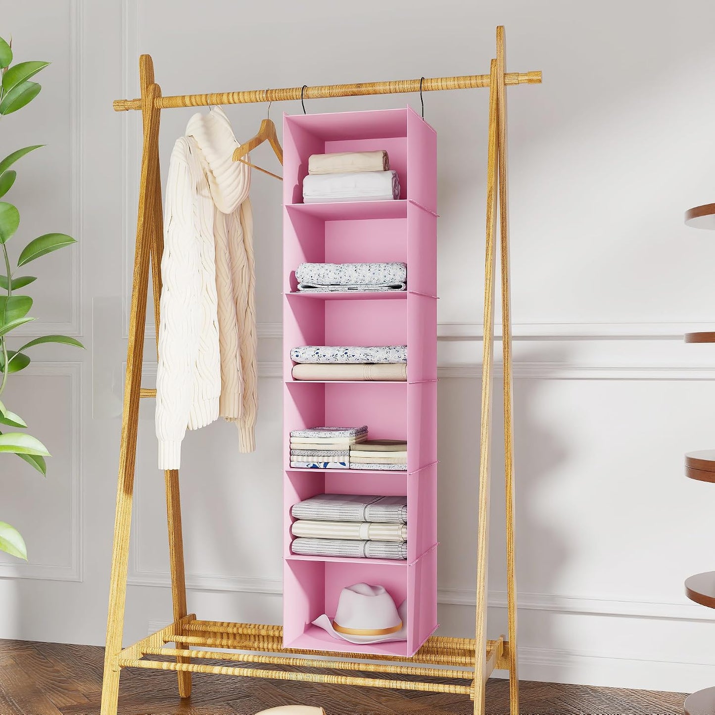 Hanging Closet Organizer 3-Shelf, Oxford Fabric Wardrobe Storage, Gray | Easy-mount foldable design holds clothes, handbags, shoes & accessories; washable Oxford fabric, sturdy and space-saving.