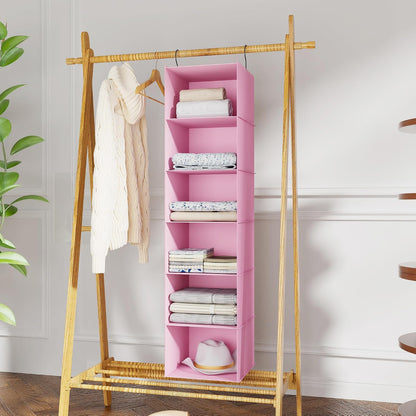 Hanging Closet Organizer 3-Shelf, Oxford Fabric Wardrobe Storage, Gray | Easy-mount foldable design holds clothes, handbags, shoes & accessories; washable Oxford fabric, sturdy and space-saving.
