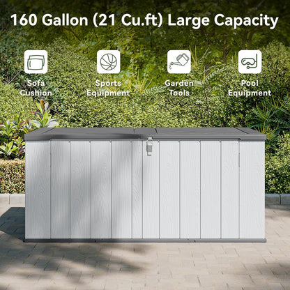 AOXUN Horizontal Storage Sheds 21 Cu.ft, HDPE Outdoor Storage Box 160 Gallon, Waterproof Lockable Resin Deck Box with Spring-Assisted Lid, Patio Storage for Garden, Pool, Cushions, Tools, White