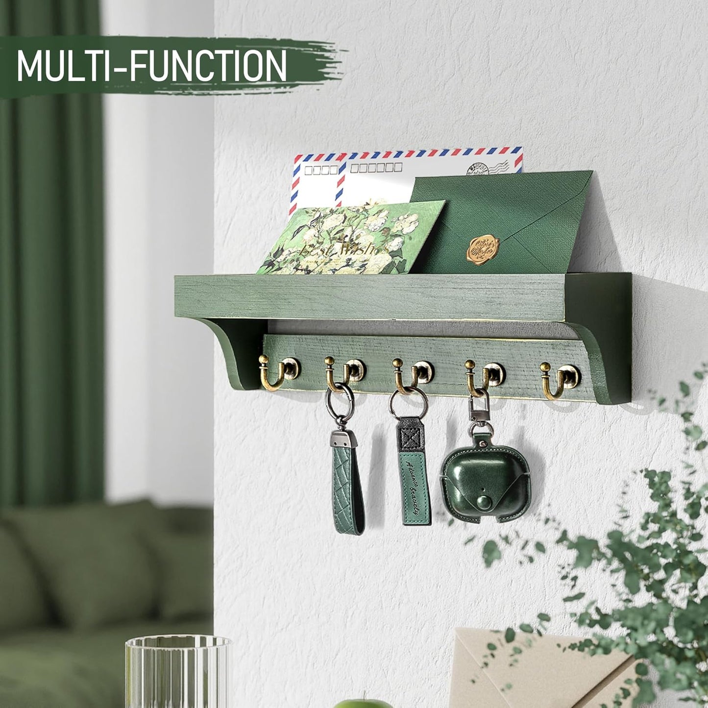 Rebee Vision Farmhouse Key Holder for Wall - Decorative Wooden Mail Organizer with 5 Rustic Key Hooks and Floating Shelf for Home Decor, Hallway, Entryway, Appartment (Retro Brown)