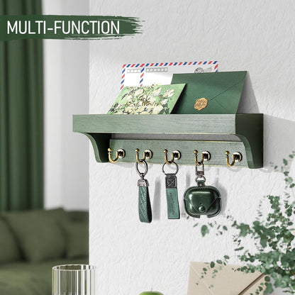 Rebee Vision Farmhouse Key Holder for Wall - Decorative Wooden Mail Organizer with 5 Rustic Key Hooks and Floating Shelf for Home Decor, Hallway, Entryway, Appartment (Retro Brown)