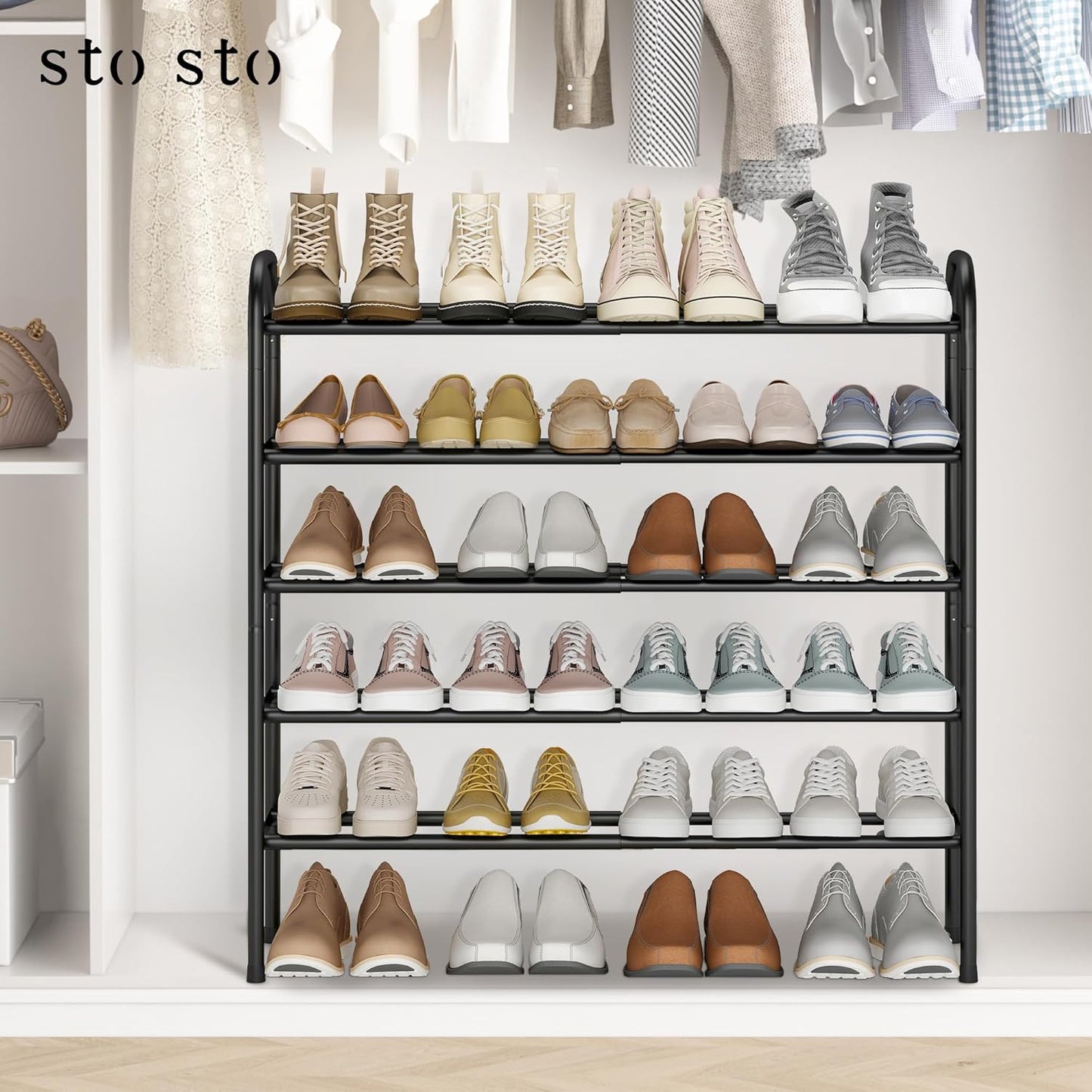STO STO Expandable Shoe Rack, 3-Tier Metal Small Shoe Rack for Closet, Up to 16 Pairs Adjustable Shoes Racks Storage for Front Door Entrance, Free Standing Shoes Rack Organizer for Entryway, Black