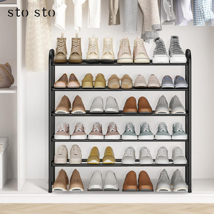 STO STO Expandable Shoe Rack, 3-Tier Metal Small Shoe Rack for Closet, Up to 16 Pairs Adjustable Shoes Racks Storage for Front Door Entrance, Free Standing Shoes Rack Organizer for Entryway, Black