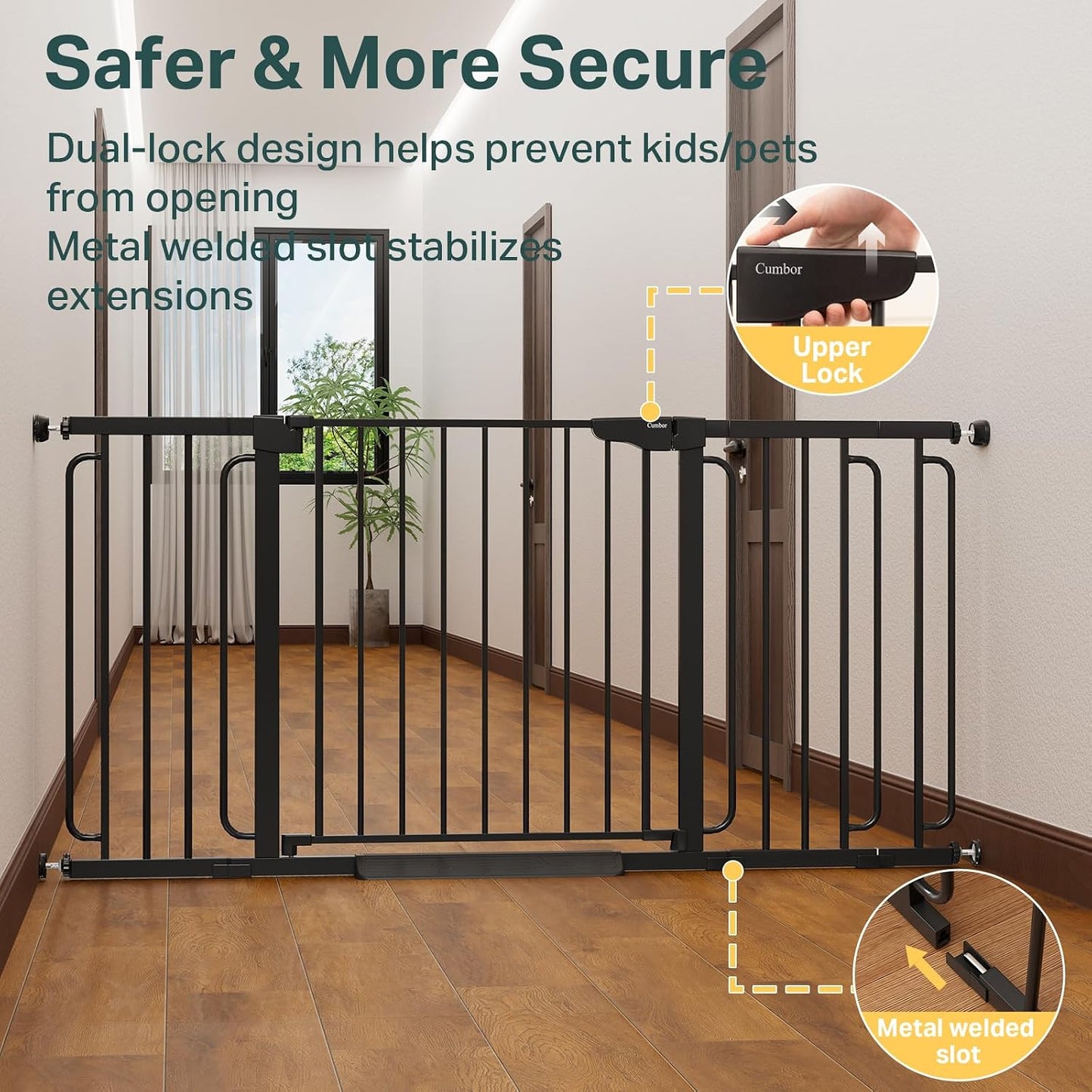 Cumbor 29.7-48" Baby Gate for Stairs, Mom's Choice Awards Winner-Dog Gate for Doorways, Auto Close Safety Pet Gate for Dogs Indoor, Easy Install Pressure Mounted Child Gate with Walk Thru Door, Brown
