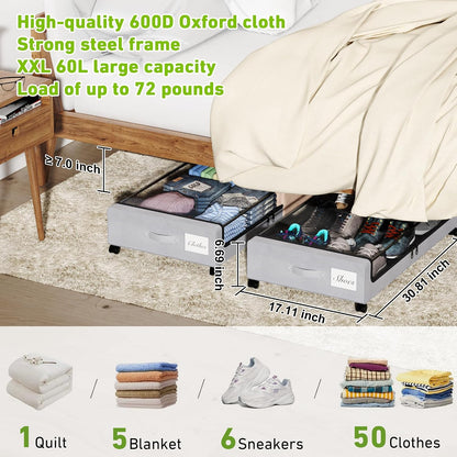 YAASHEEN Under Bed Storage with Wheels, 2-Pack Under the Bed Storage Containers with Clear Lids & Label, Underbed Storage Bins, XXL 60L Rolling Metal Drawer for Clothes, Shoes, Toys, Books - Gray