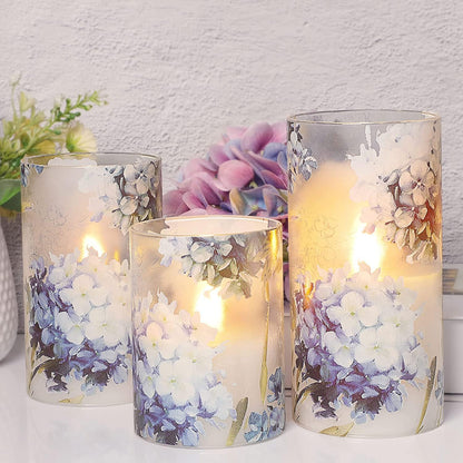 Glass Flameless Candles Flickering Battery Operated LED Pillar Candles Set of 3 with Timer and and 10-Key Remote Green Branch Floral Spring Summer Theme for Wedding Festival Home Decoration