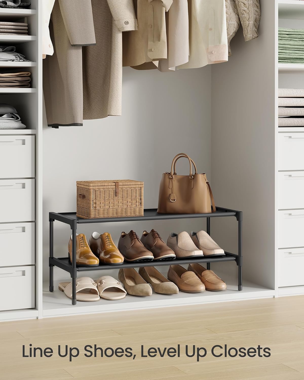SONGMICS Shoe Rack, 2-Tier Shoe Storage Organizer, Space-Saving, 11.7 x 16.5 x 12.2 Inches, Entryway, Metal Frame, Non-Woven Fabric Shelves, Ink Black ULSH012BH01